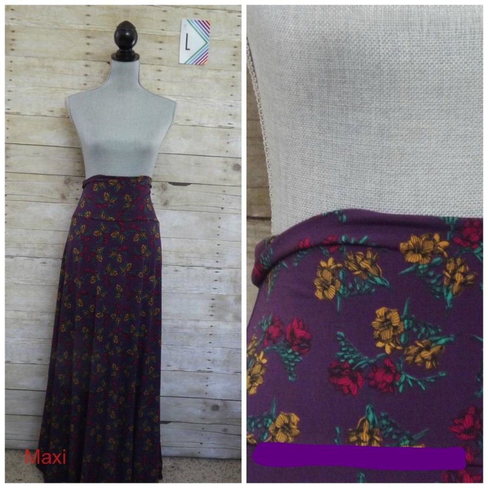 NWT LuLaRoe Maxi Skirt/Dress Large - Fushia & Gold Flowers on Dark Purple